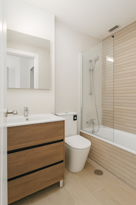Baño real terminado: almacenaje y tonos claros